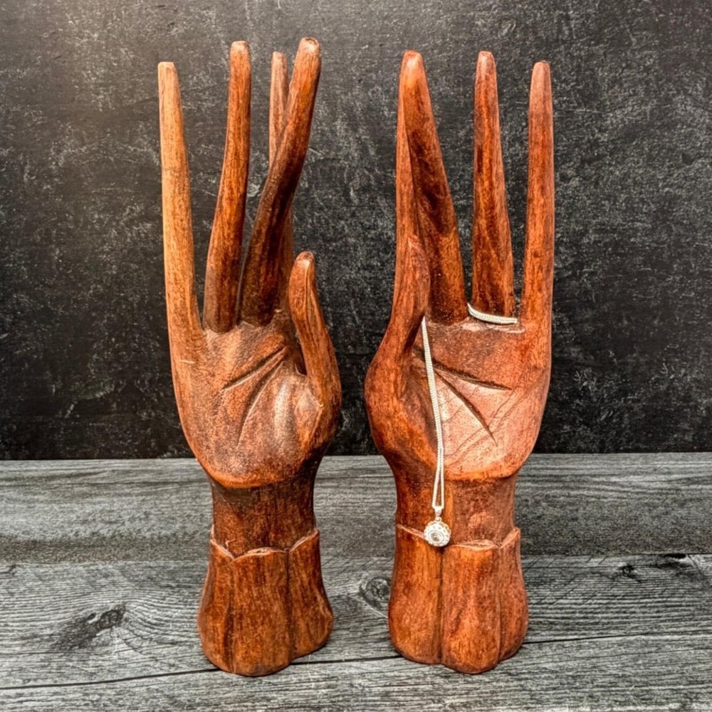 Buddha Hands Mudra Jewelry Stand Hand Carved Wood Brown Pair 7.75" Tall